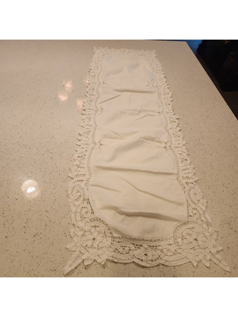 Vintage White Ecru Cotton Table Runner with Cut Work 54x15"